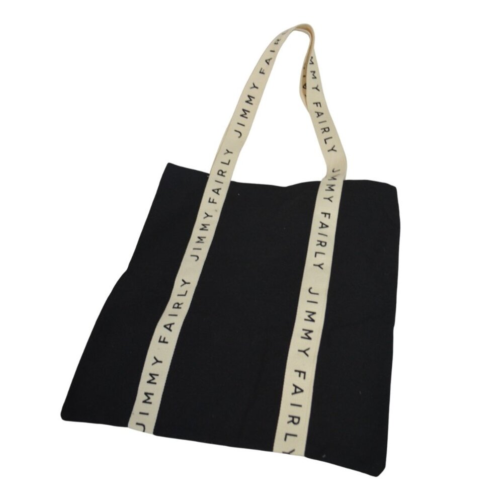Jimmy Fairly Tote Bag Black Canvas White Logo Straps Reusable Shopping Handbag